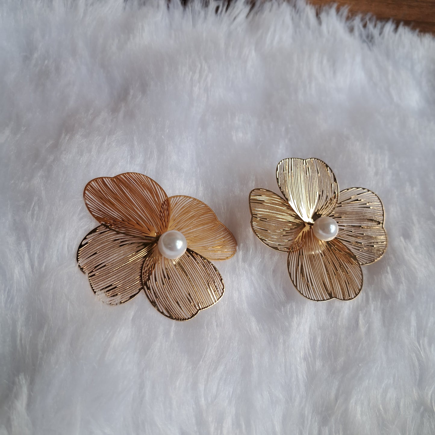 Golden Pearl Floral Stud Earrings