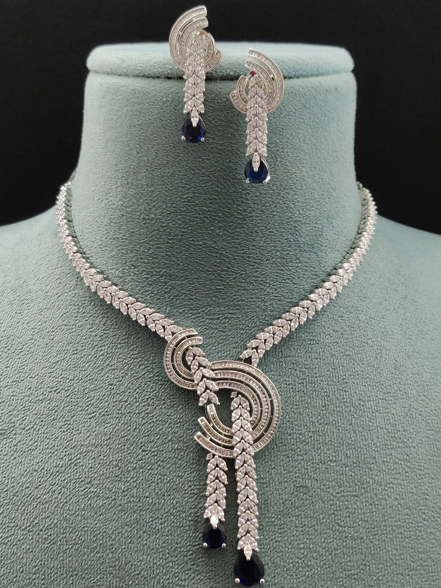 Silver Blue Kareena AD Necklace set