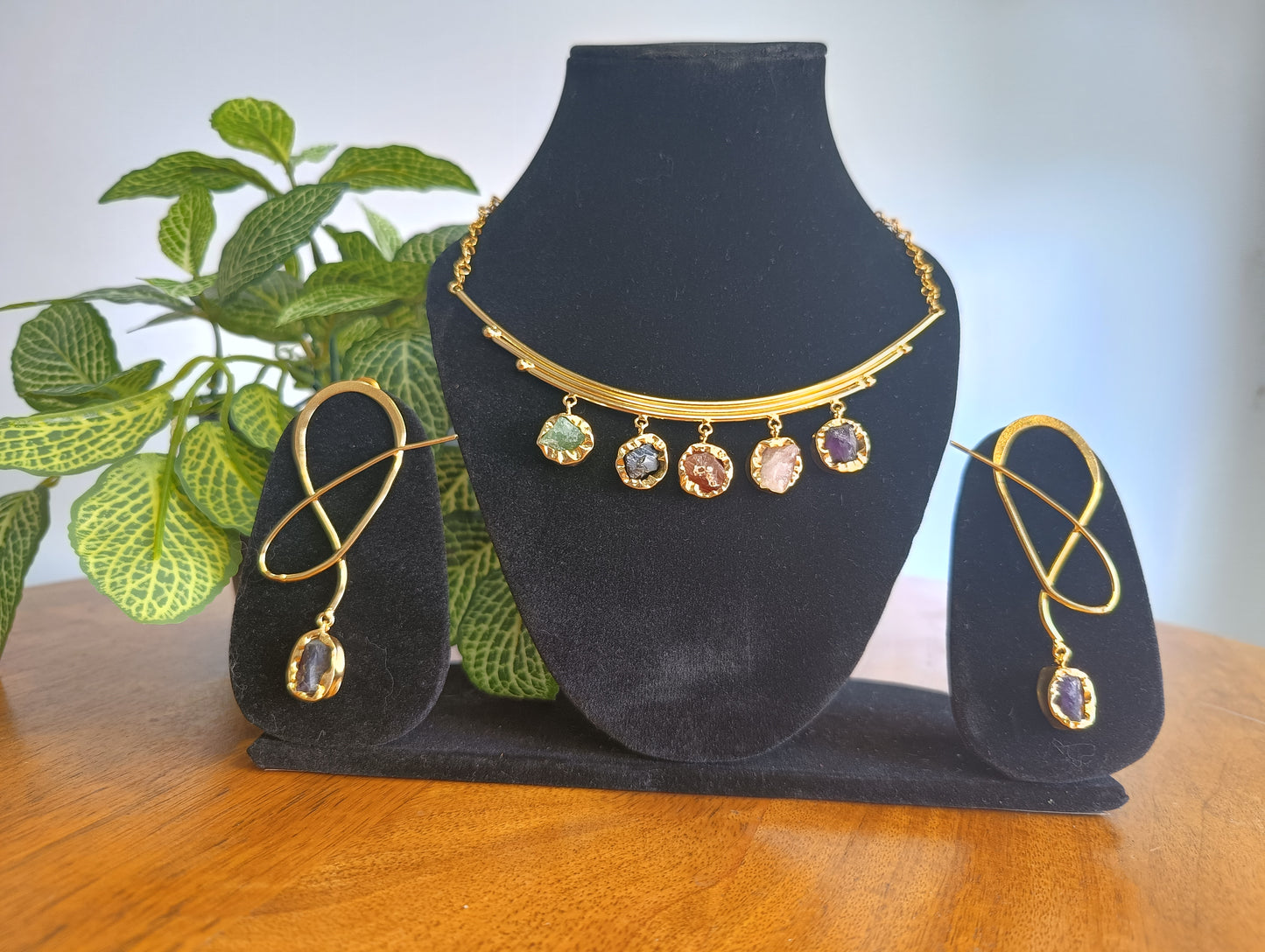 Golden Arc Gemstone Charm Necklace