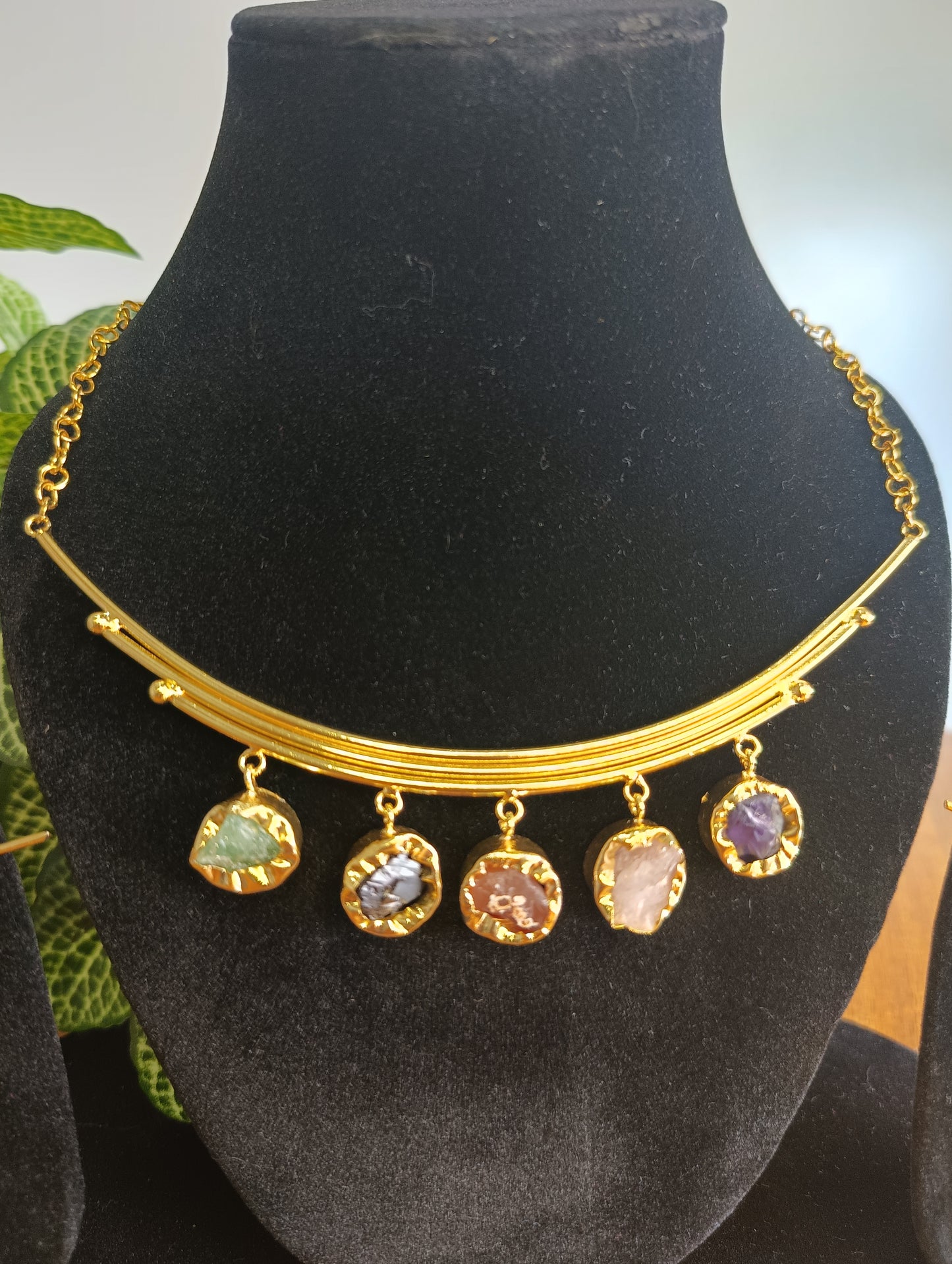 Golden Arc Gemstone Charm Necklace