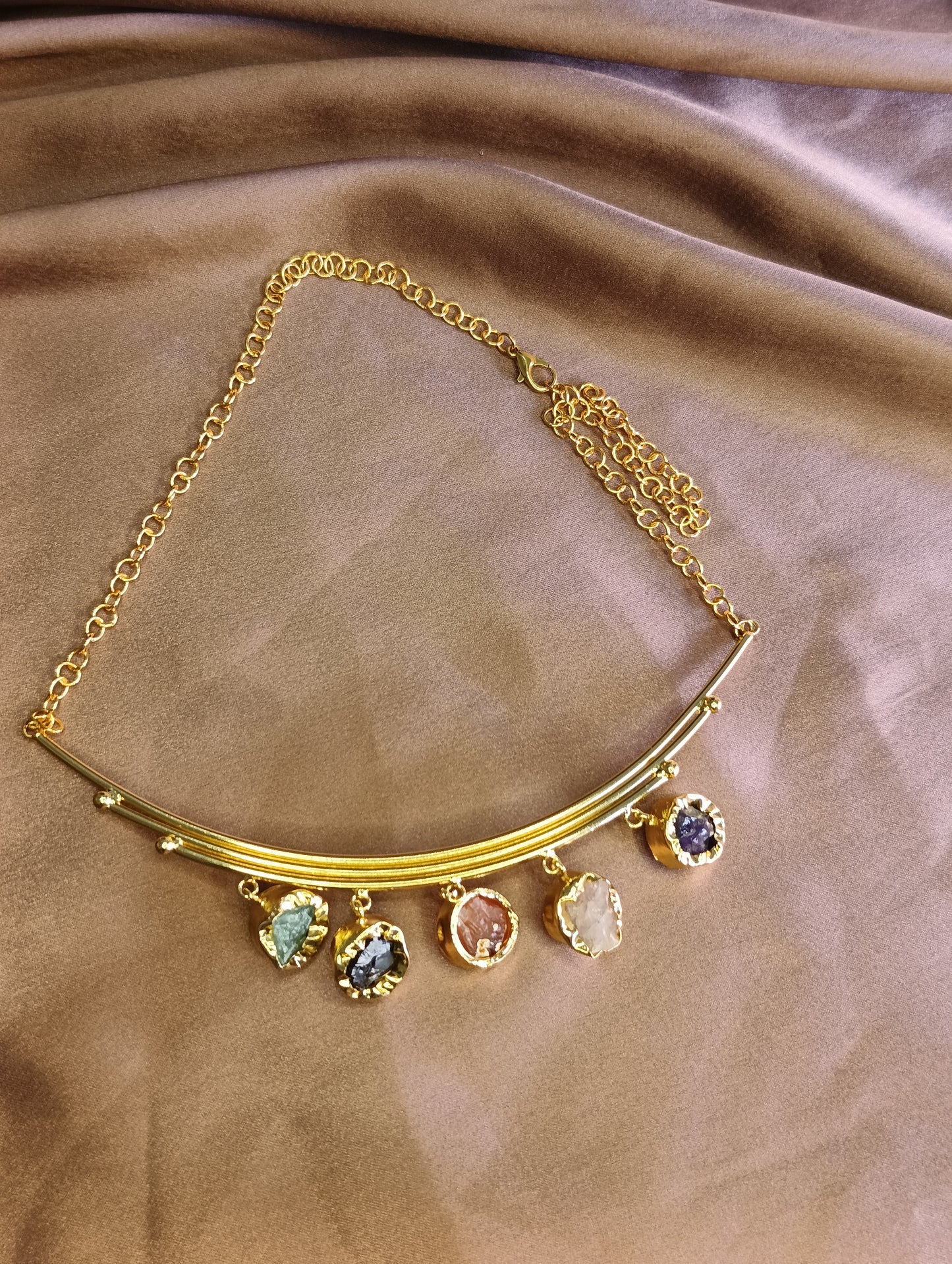 Golden Arc Gemstone Charm Necklace
