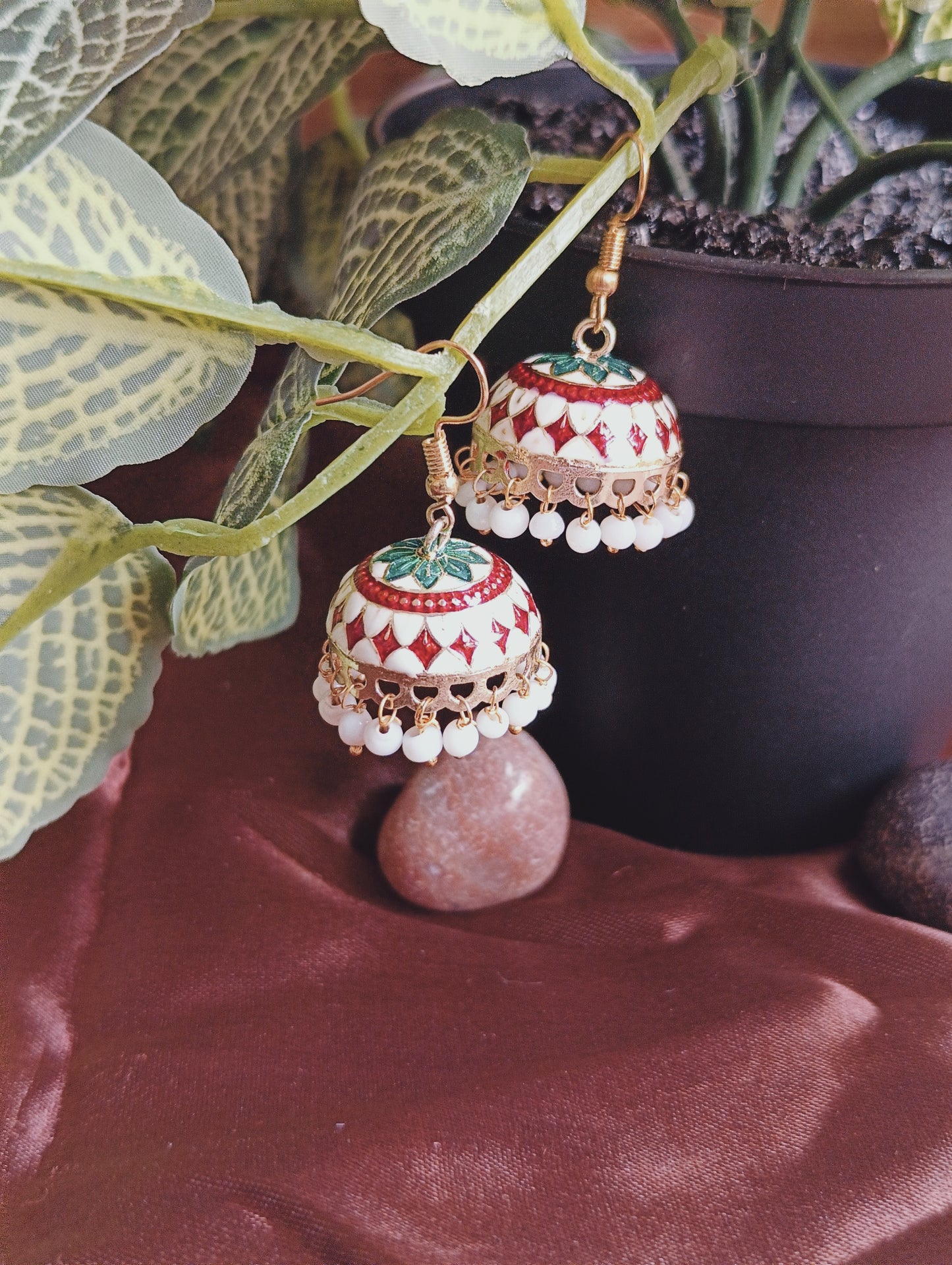 Meenakari Pearl Tassel Jhumki Earrings (White)