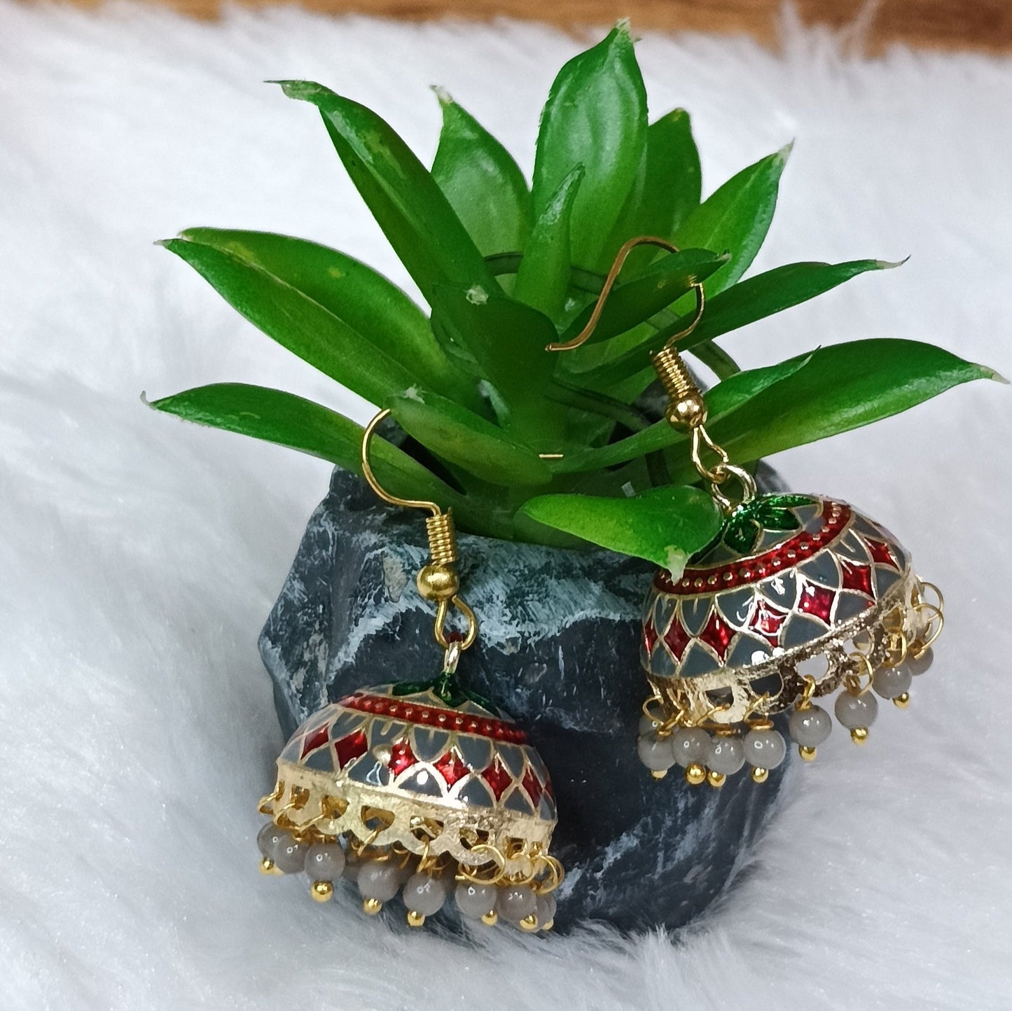 Meenakari Pearl Tassel Jhumki Earrings (Grey)