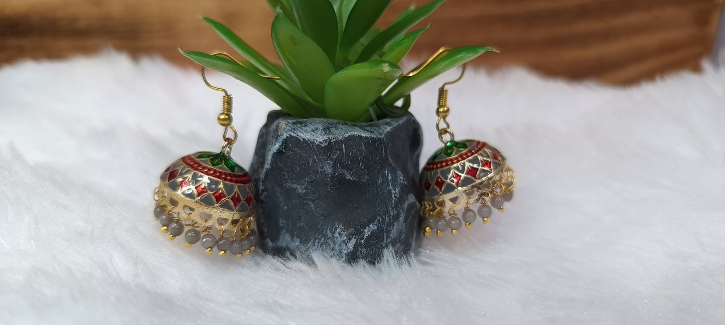 Meenakari Pearl Tassel Jhumki Earrings (Grey)