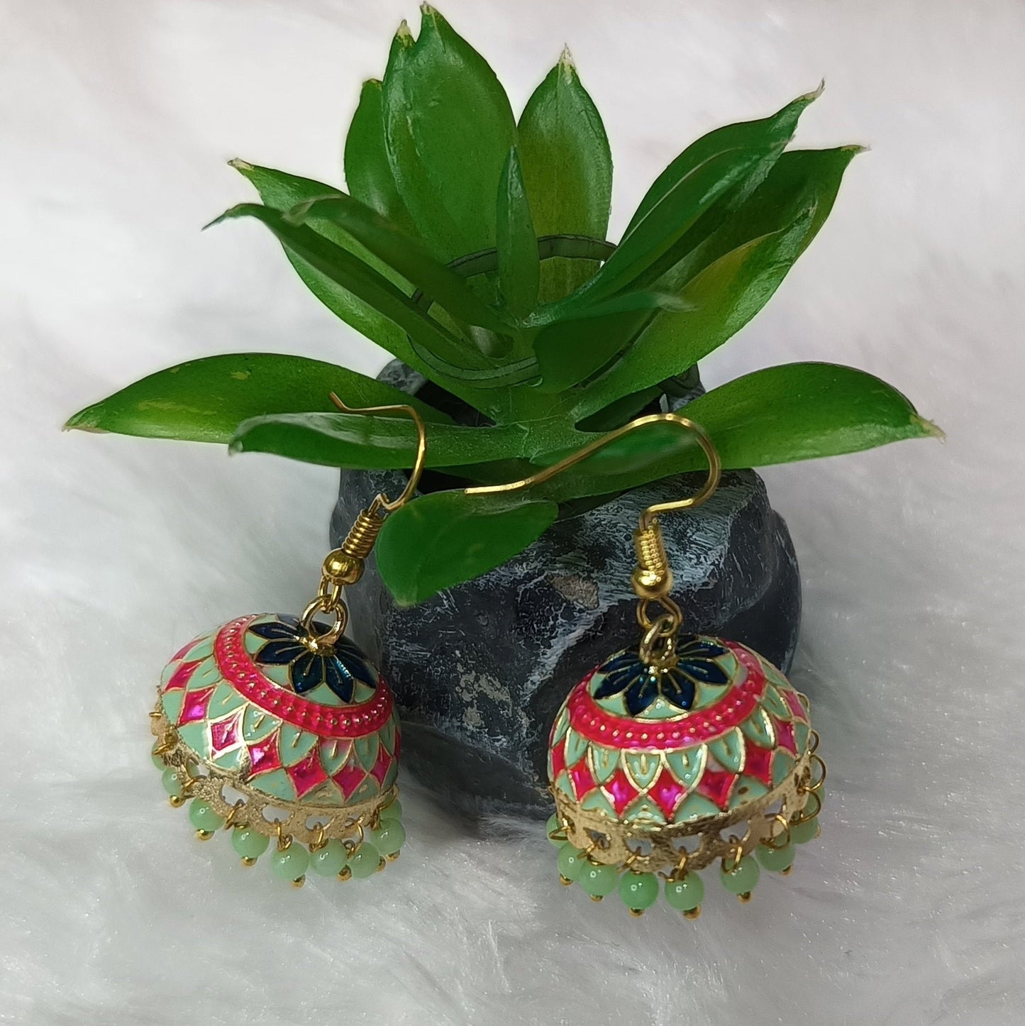 Meenakari Pearl Tassel Jhumki Earrings (Pistachio)