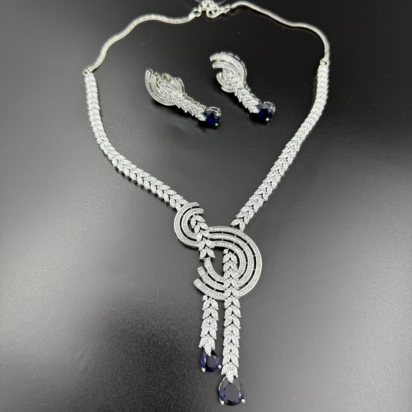 Silver Blue Kareena AD Necklace set