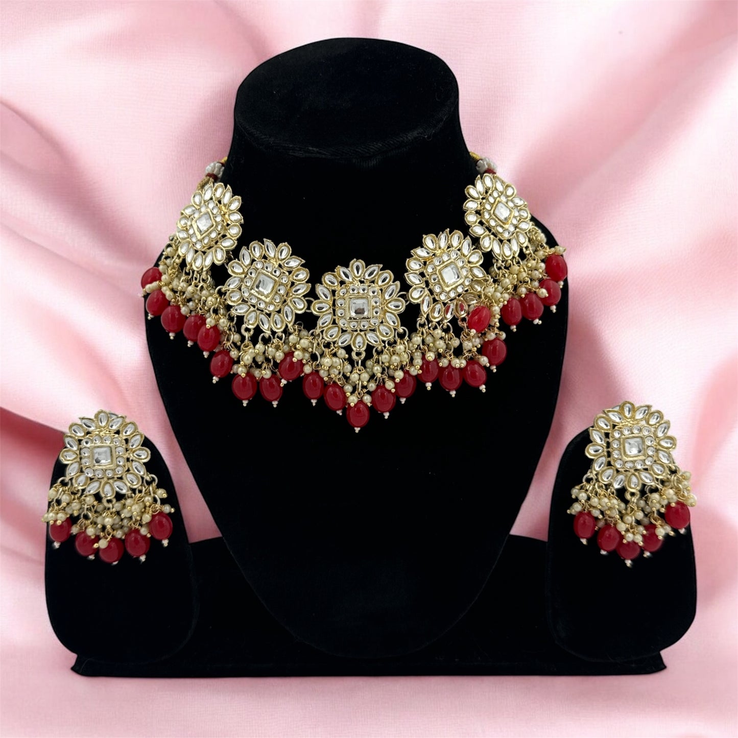 Zayra Pachi Kundan Red Pearl Necklace Set