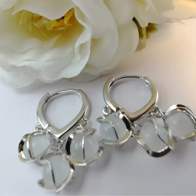 Silver Opal Stone Luxury Hoop Korean Earrings