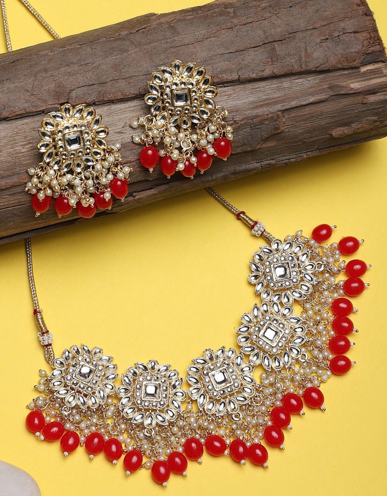 Zayra Pachi Kundan Red Pearl Necklace Set