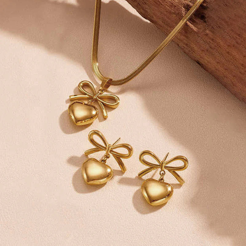 Anti Tarnish Bow-Heart Pendant Necklace Set