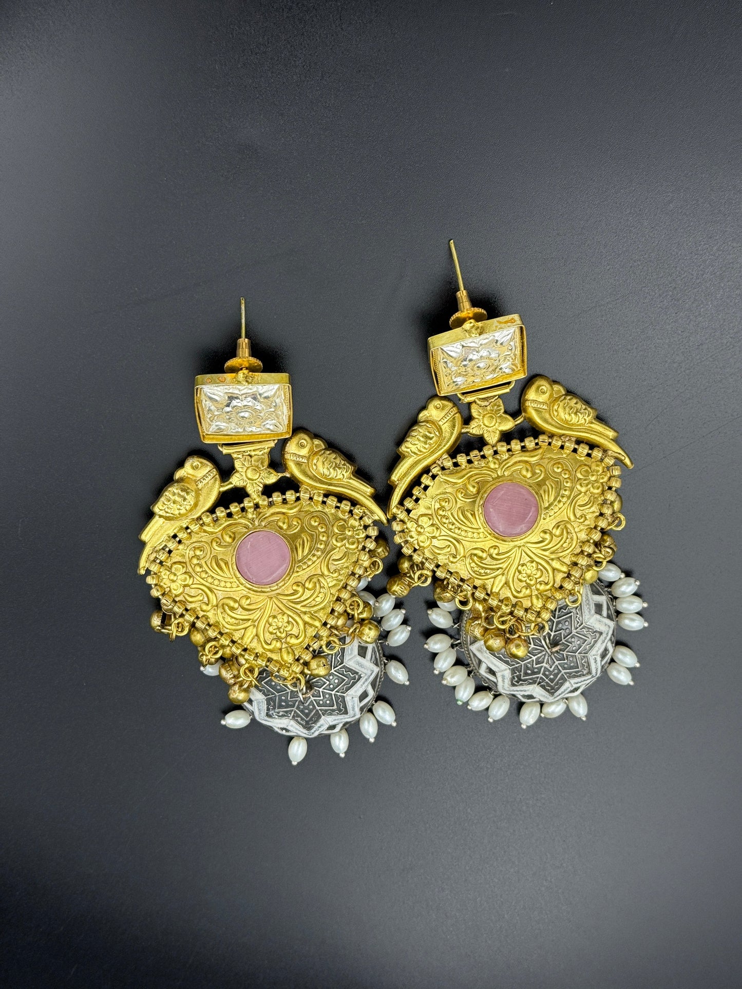Parrot Dual Tone Pink Statement Jhumka Earrings