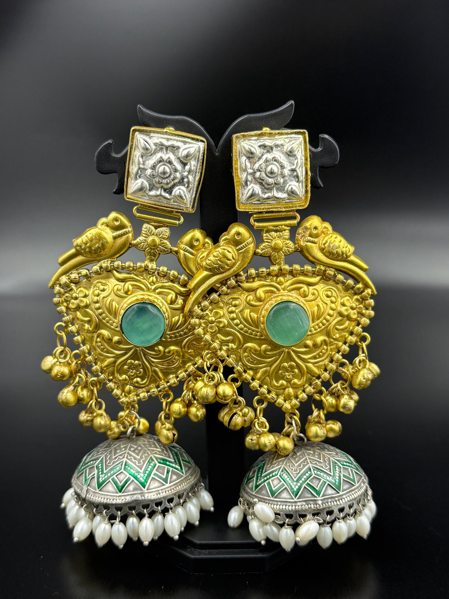 Parrot Dual Tone Statement Jhumka Earrings