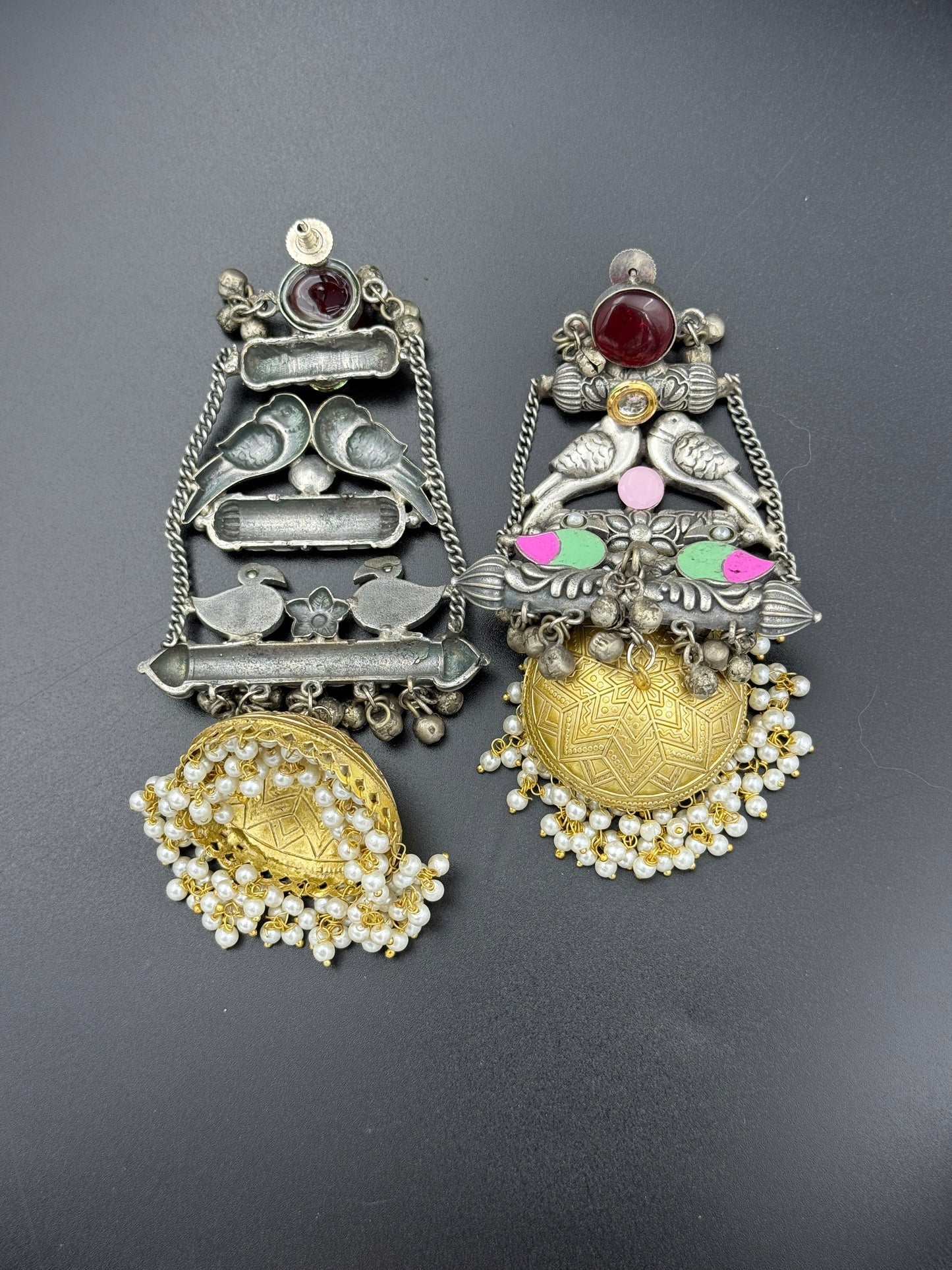 Bohemian Oxidized Red Stone Jhumka Earrings