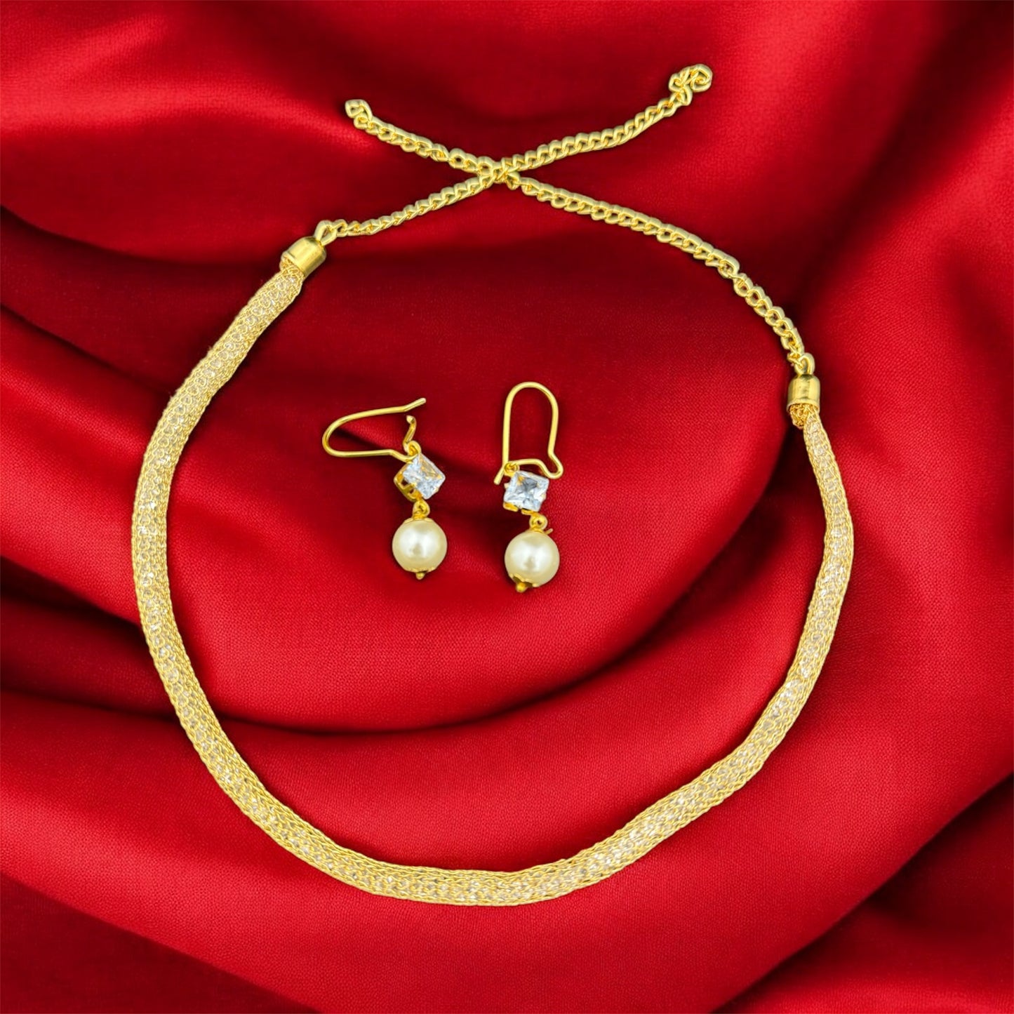 AD Gold Mesh Tube Necklace Set