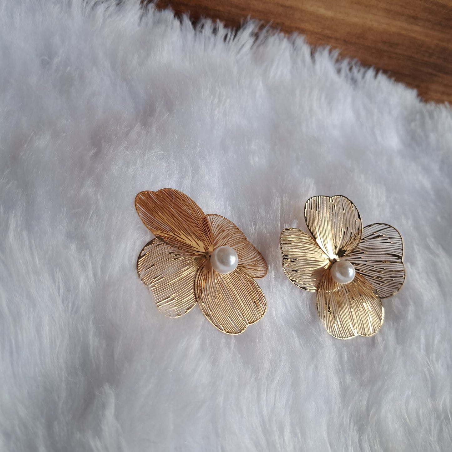 Golden Pearl Floral Stud Earrings
