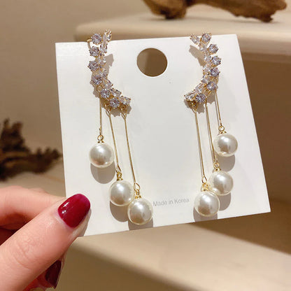 Zircon Ear Cuff With Pearl Tassel Korean Earrings