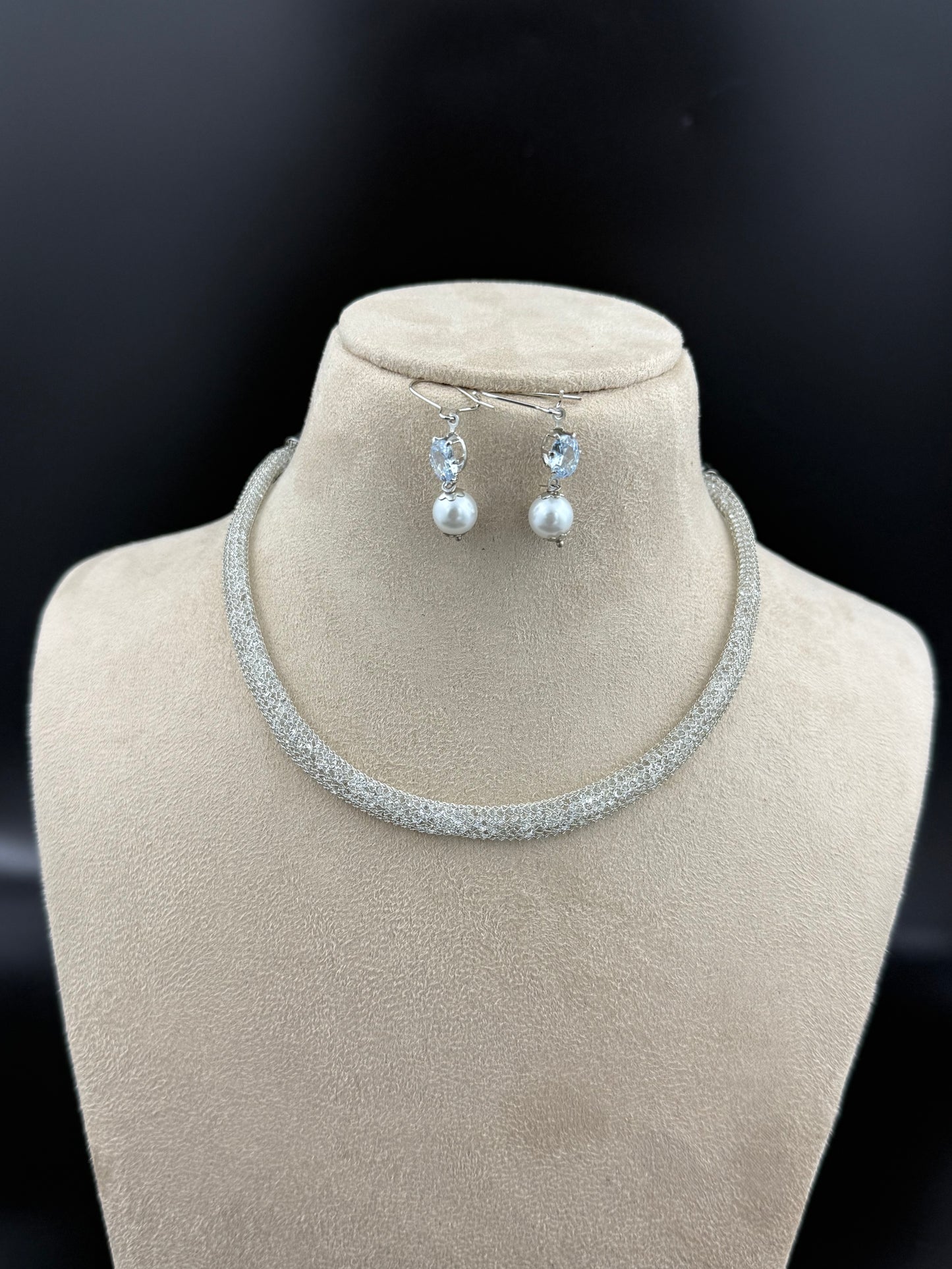 AD Silver Mesh Tube Necklace Set