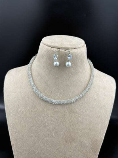 AD Silver Mesh Tube Necklace Set