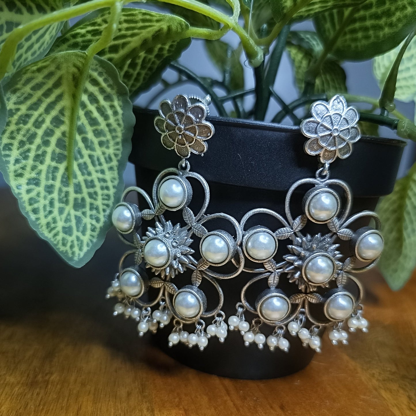 Pearl Sunburst Silver Chandelier Earrings