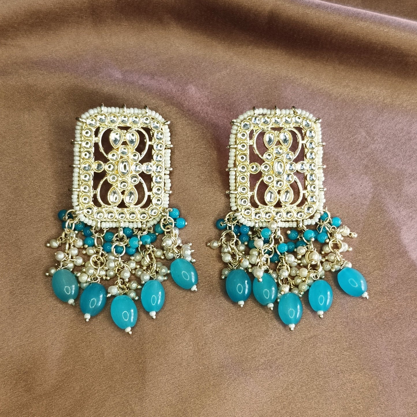Blue Kundan Pearl Cluster Earrings