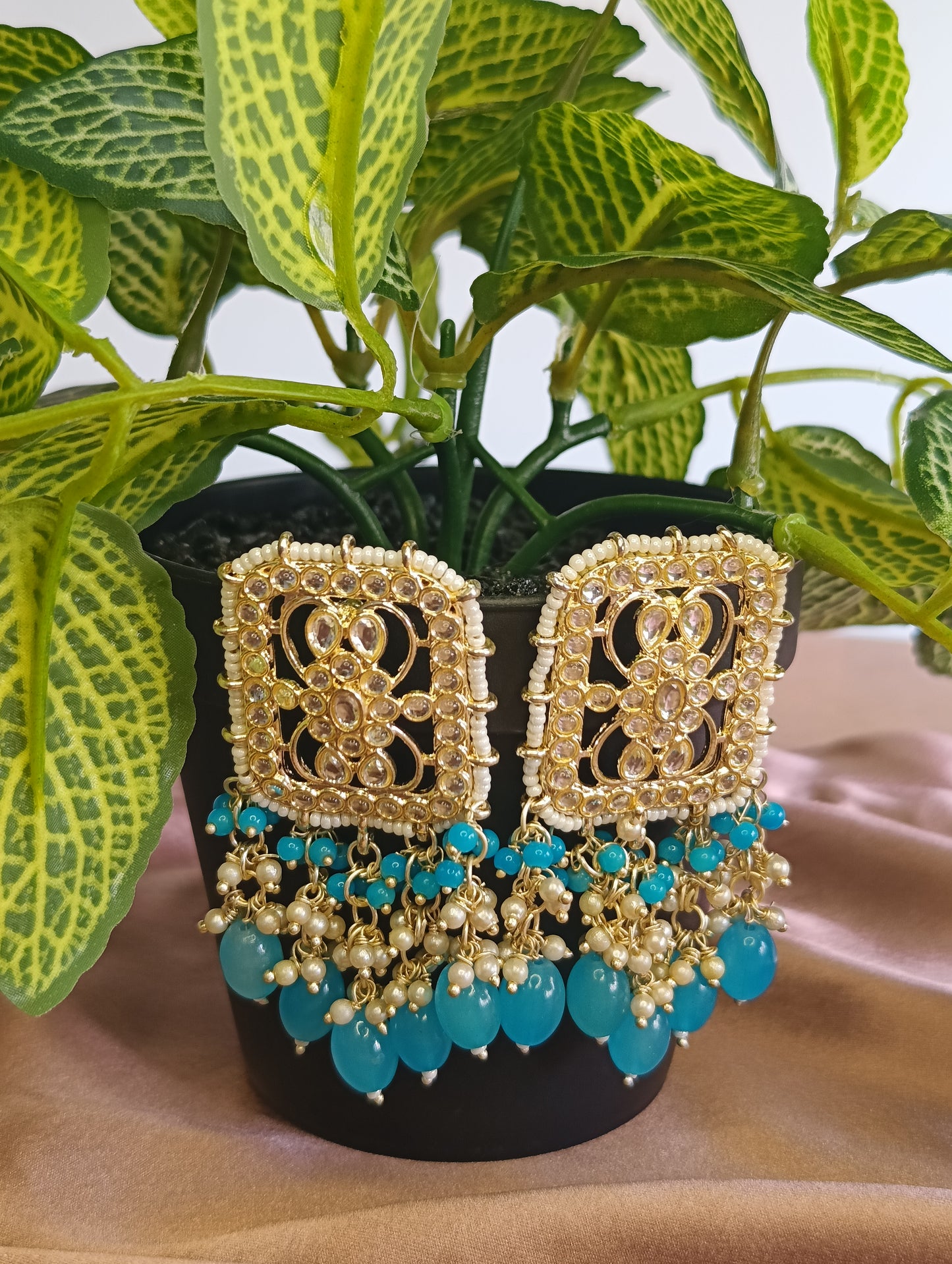 Blue Kundan Pearl Cluster Earrings