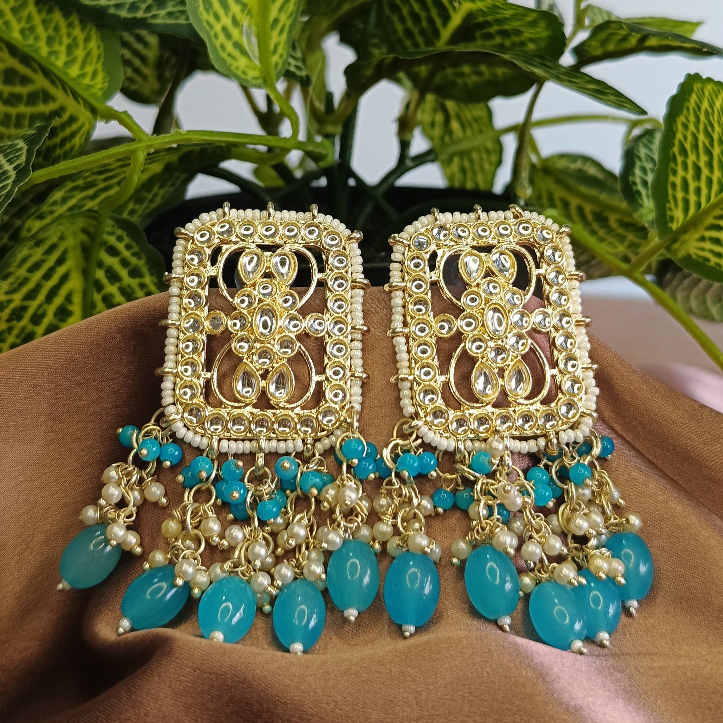 Blue Kundan Pearl Cluster Earrings