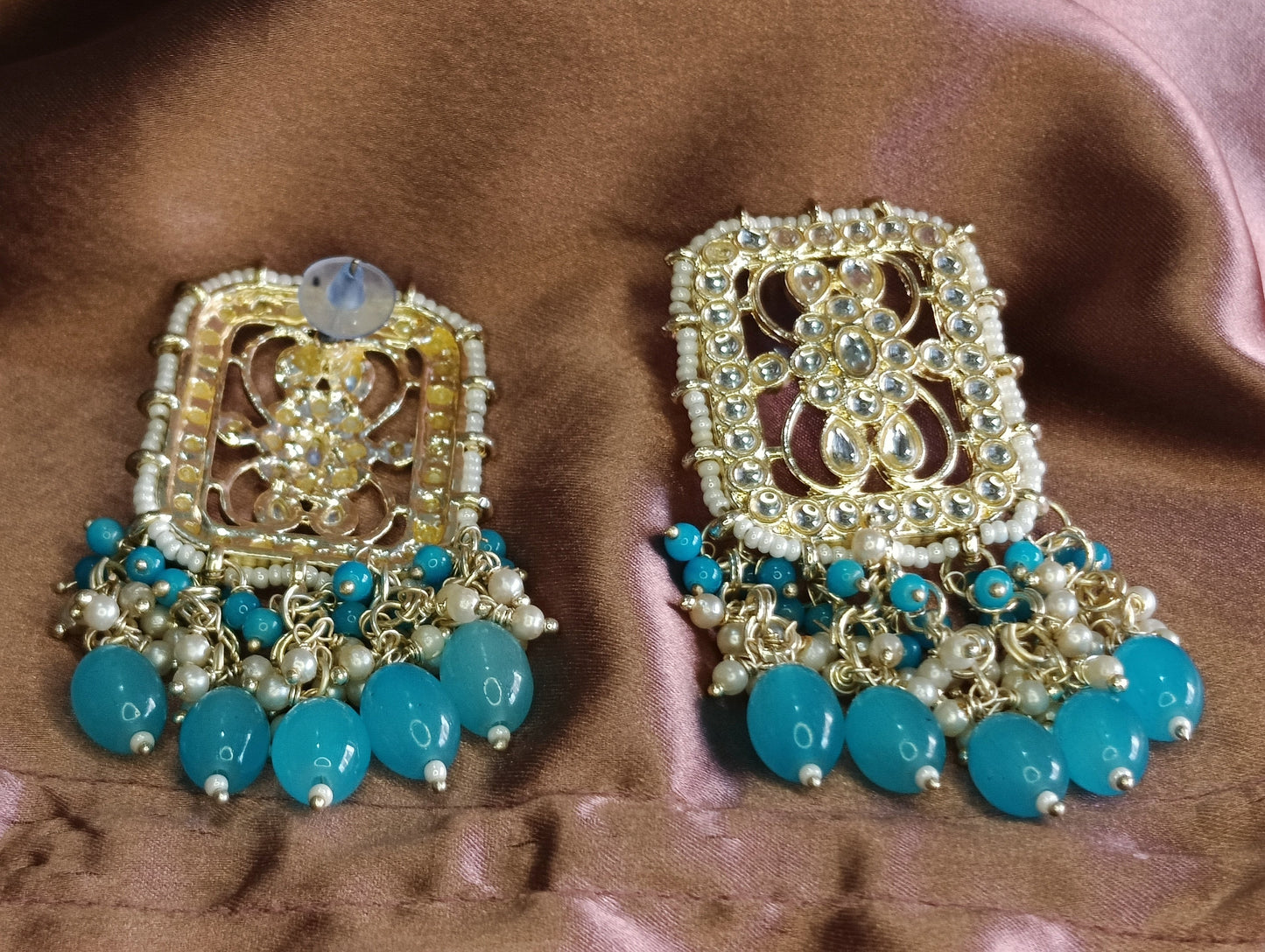 Blue Kundan Pearl Cluster Earrings