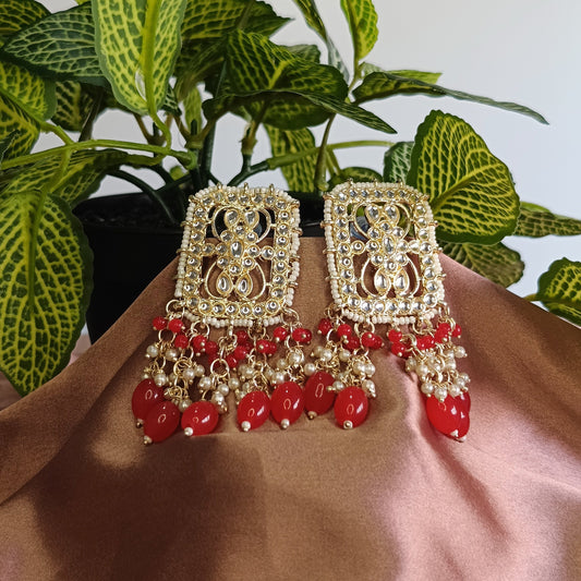 Red Kundan Pearl Cluster Earrings