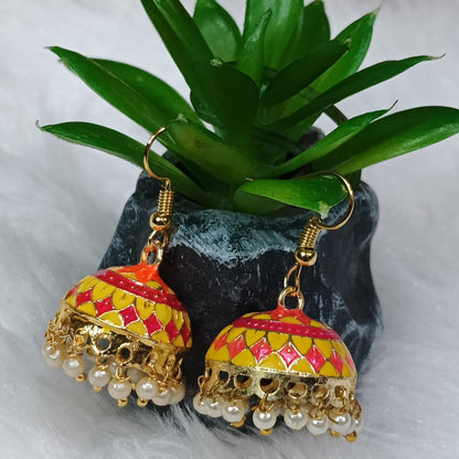 Meenakari Pearl Tassel Jhumki Earrings (Yellow)
