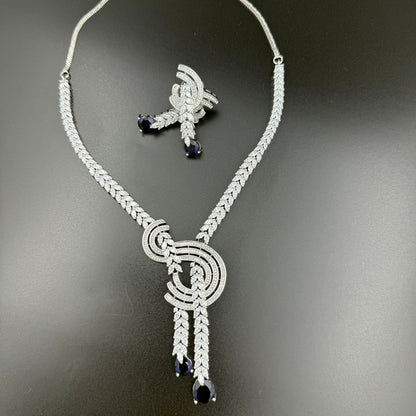 Silver Blue Kareena AD Necklace set