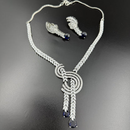 Silver Blue Kareena AD Necklace set