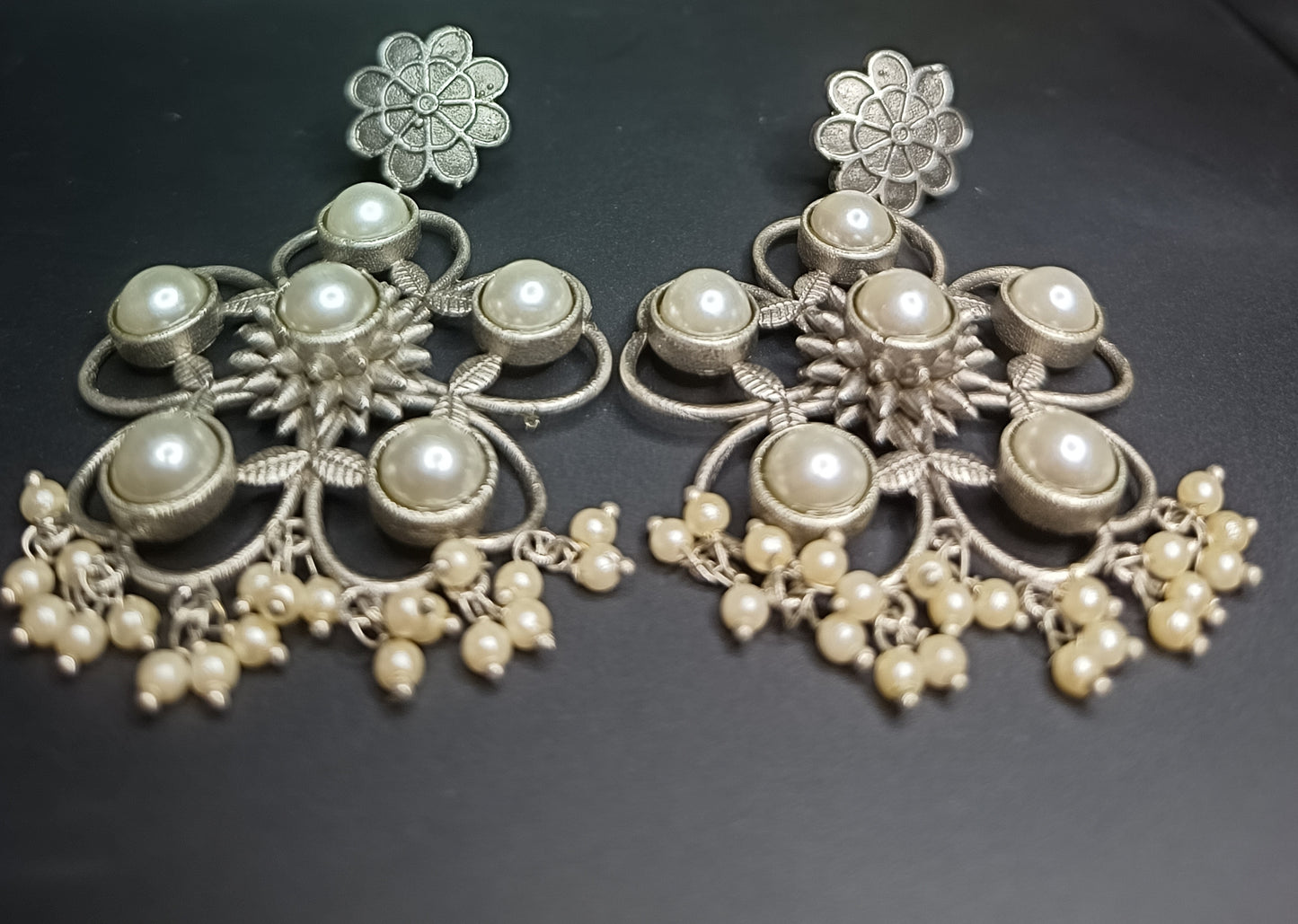 Pearl Sunburst Silver Chandelier Earrings