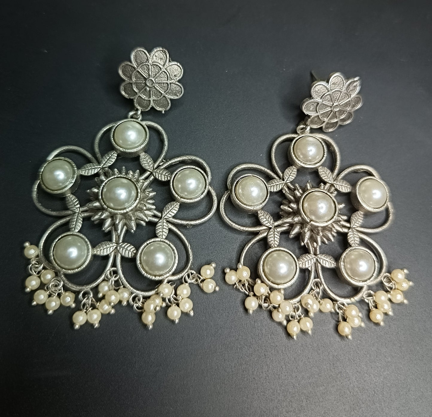 Pearl Sunburst Silver Chandelier Earrings