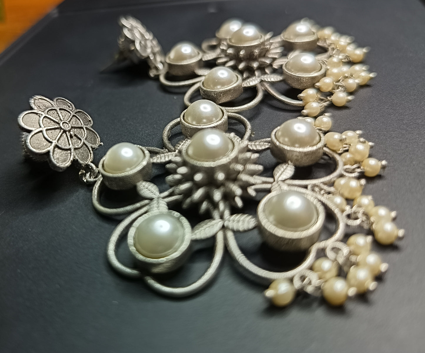 Pearl Sunburst Silver Chandelier Earrings