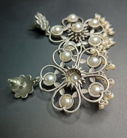Pearl Sunburst Silver Chandelier Earrings