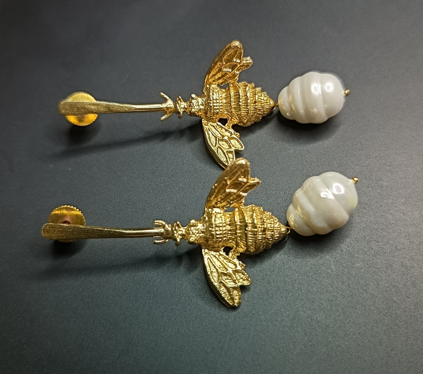 Golden Honeybee Pearl Earrings