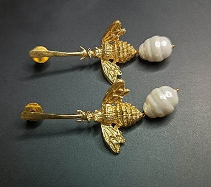 Golden Honeybee Pearl Earrings