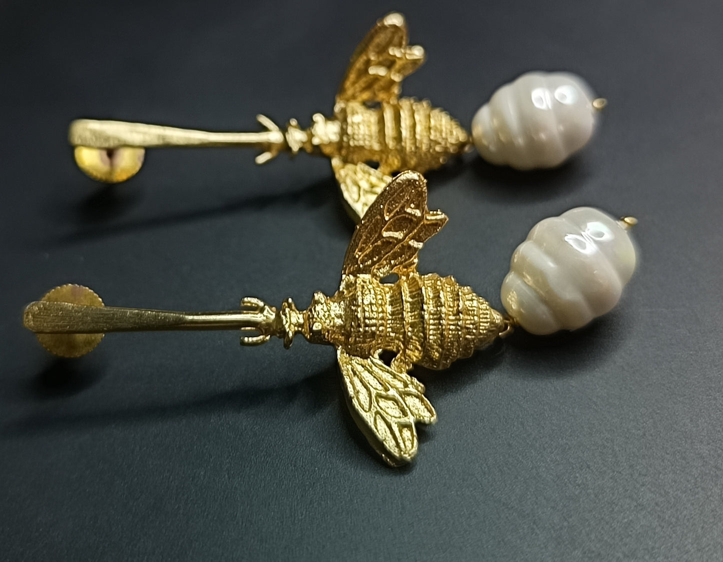 Golden Honeybee Pearl Earrings