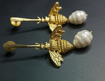 Golden Honeybee Pearl Earrings