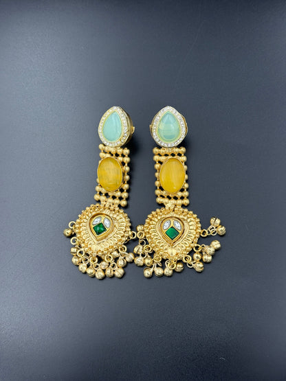 Regal Aqua Yellow Statement Chandbali Earrings