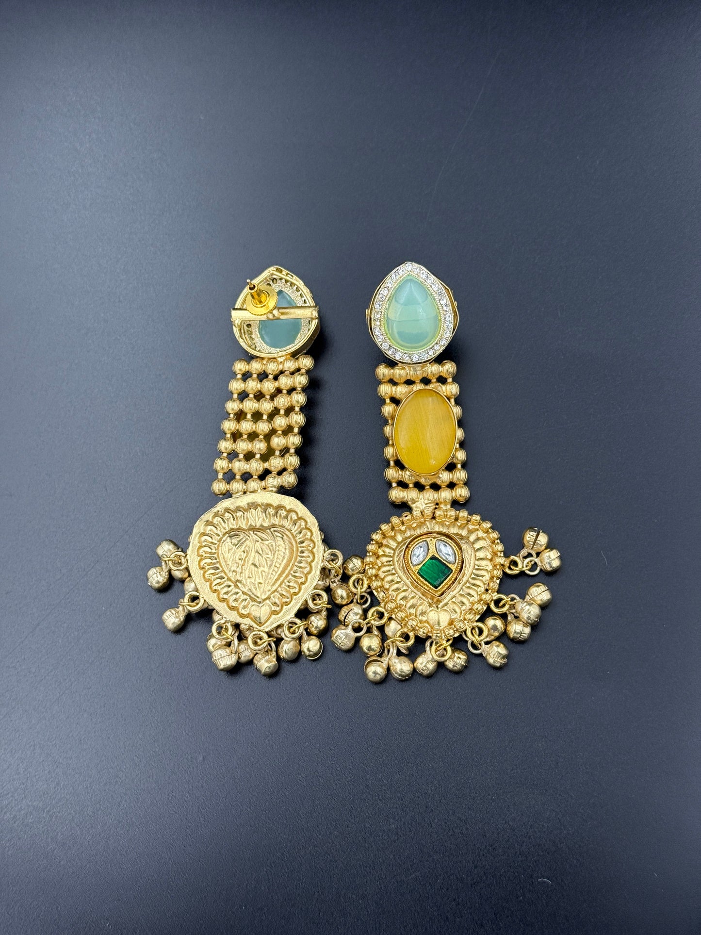 Regal Aqua Yellow Statement Chandbali Earrings