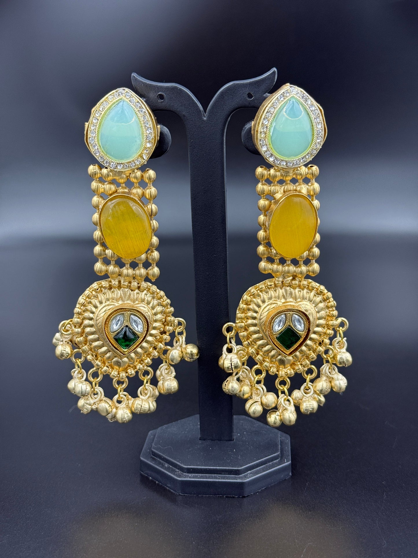 Regal Aqua Yellow Statement Chandbali Earrings