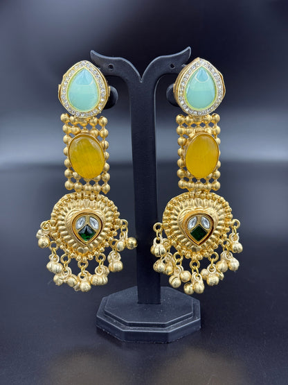 Regal Aqua Yellow Statement Chandbali Earrings