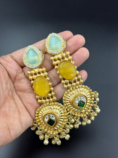 Regal Aqua Yellow Statement Chandbali Earrings