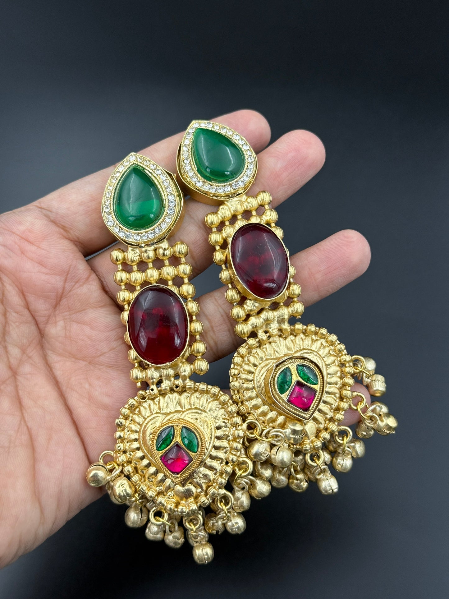 Regal Ruby Green Statement Chandbali Earrings