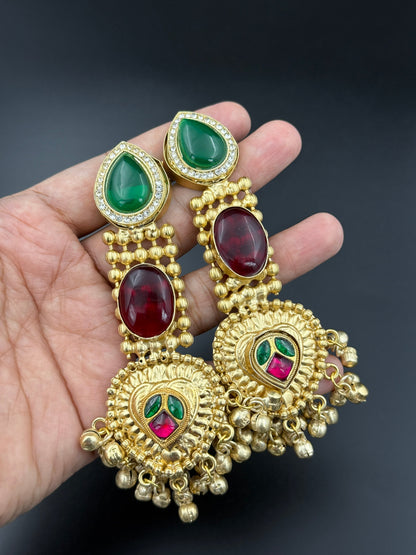 Regal Ruby Green Statement Chandbali Earrings