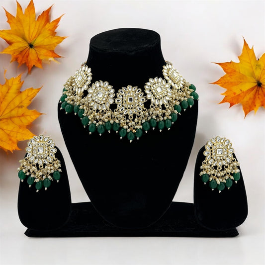 Zayra  Pachi Kundan Green Pearl Necklace Set
