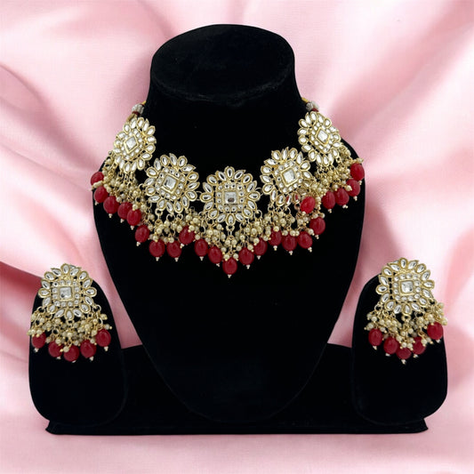 Zayra  Pachi Kundan Red Pearl Necklace Set