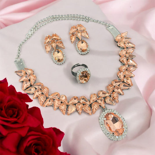 Starlight Korean Coral Glass Stone Necklace Set