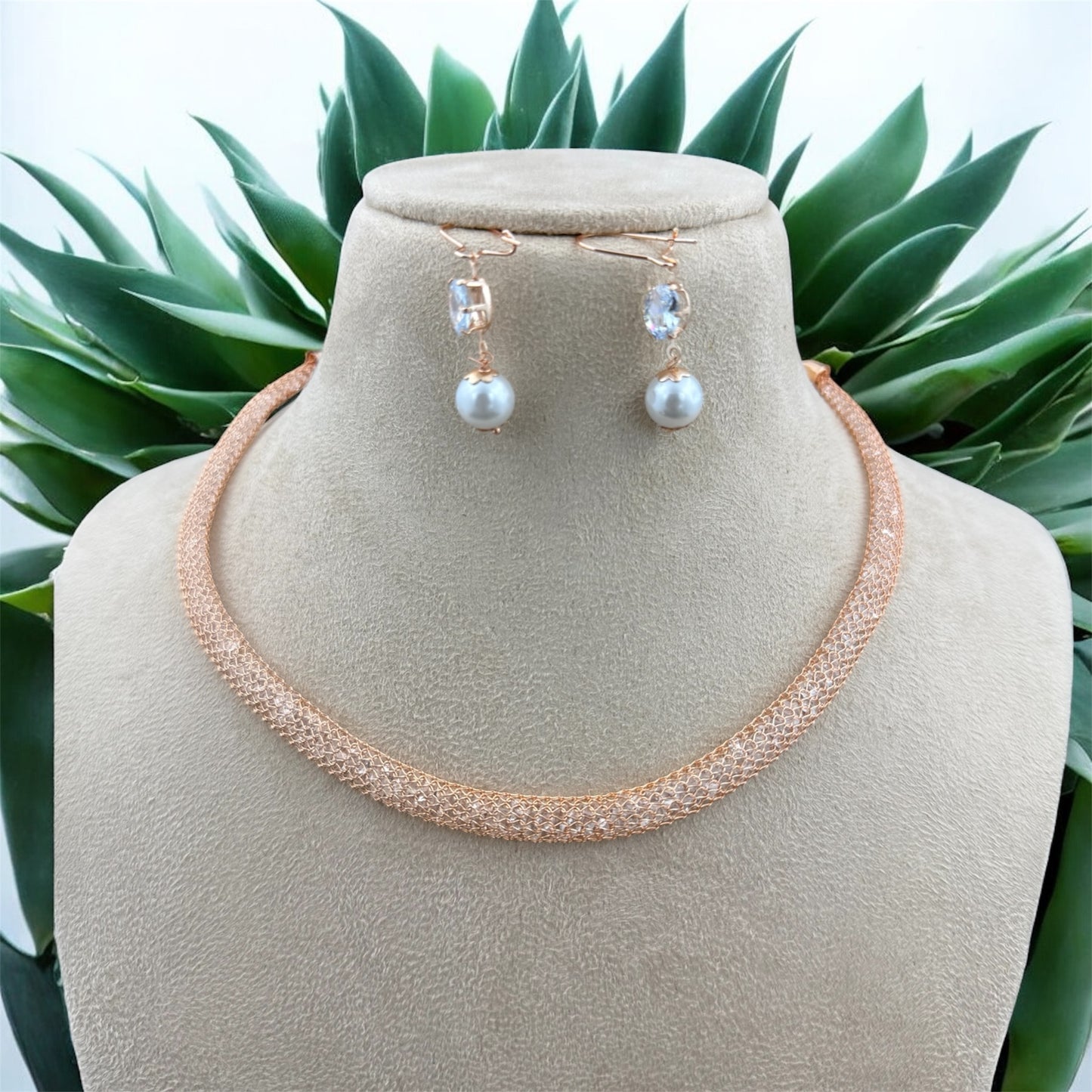 AD Rose Gold Mesh Tube Necklace Set